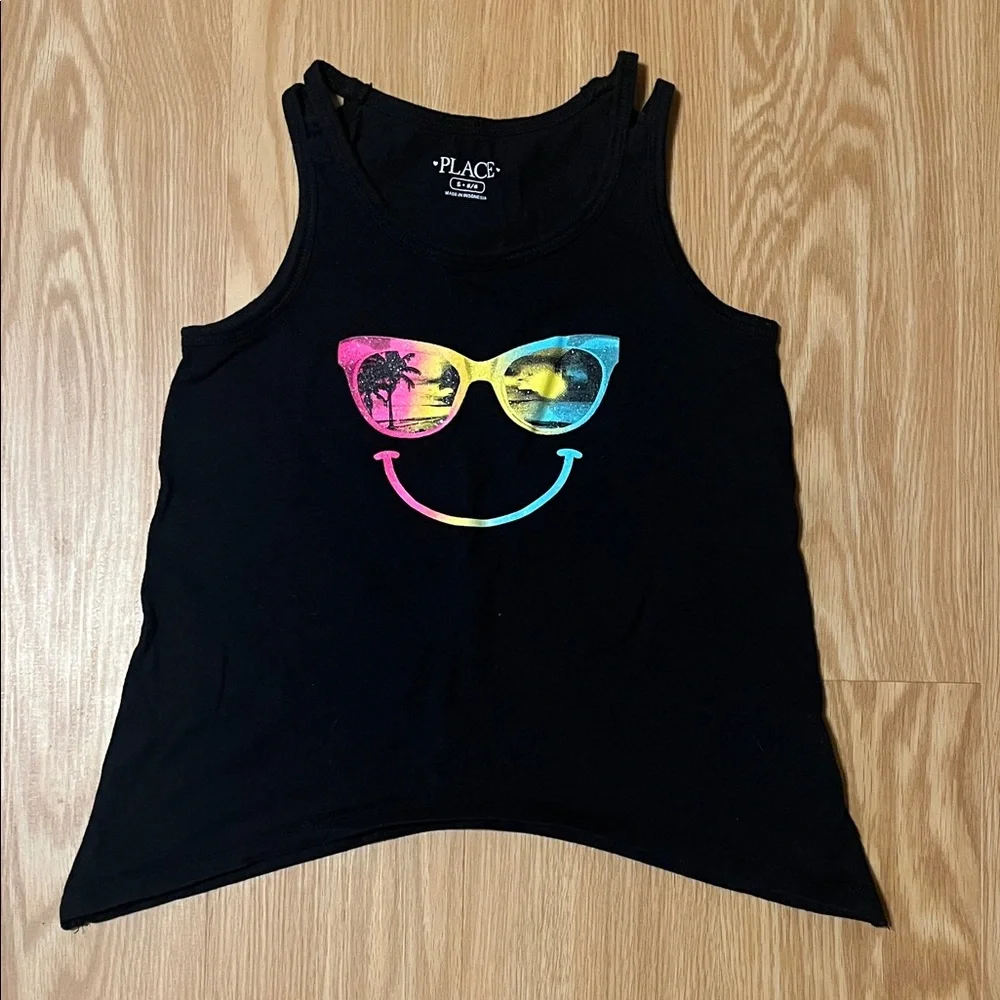 The Children's Place Black Tank Top with Neon Sunglasses Design, size S 5/6